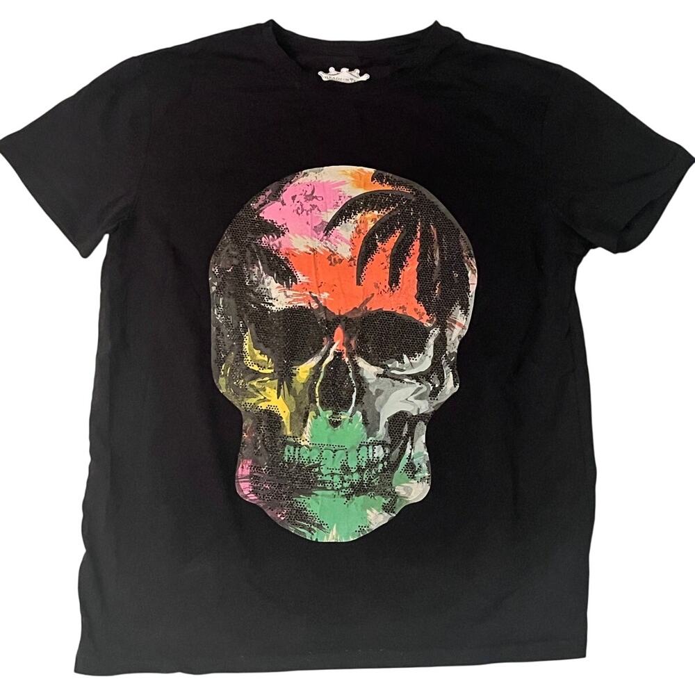 Heads or Tails Mens Large Black Short Sleeve Embellished Tropical Skull Crystal